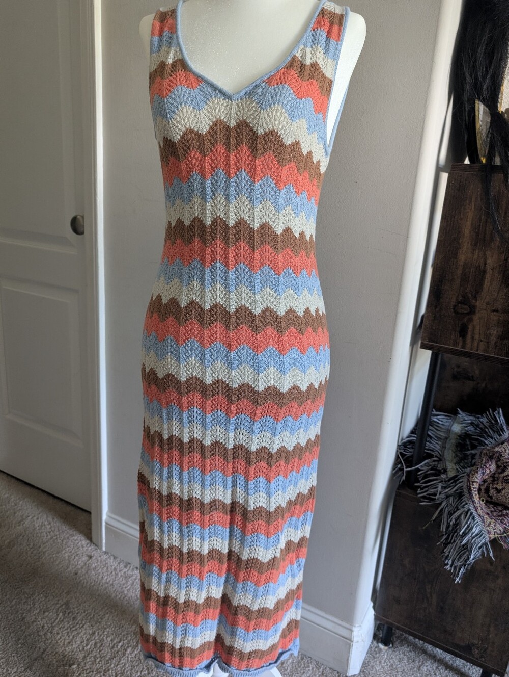 Rip Curl Sleeveless V-Neck Chevron Maxi Dress in Blue, Coral & Brown